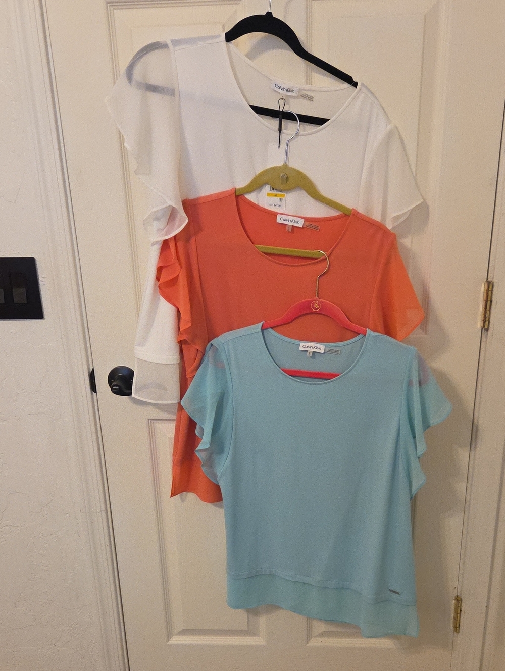 Set Of 3 Calvin Klein Flutter Sleeve Tops - Coral, Aqua, White
